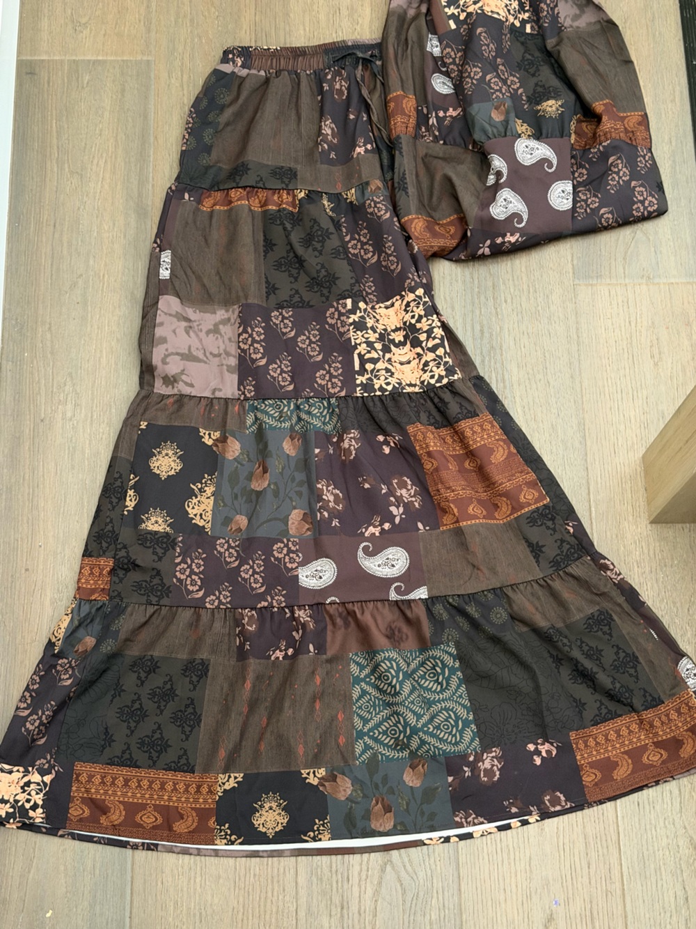 NWT Brown Patchwork wide leg hippie boho pants drawstring large - Picture 2 of 6